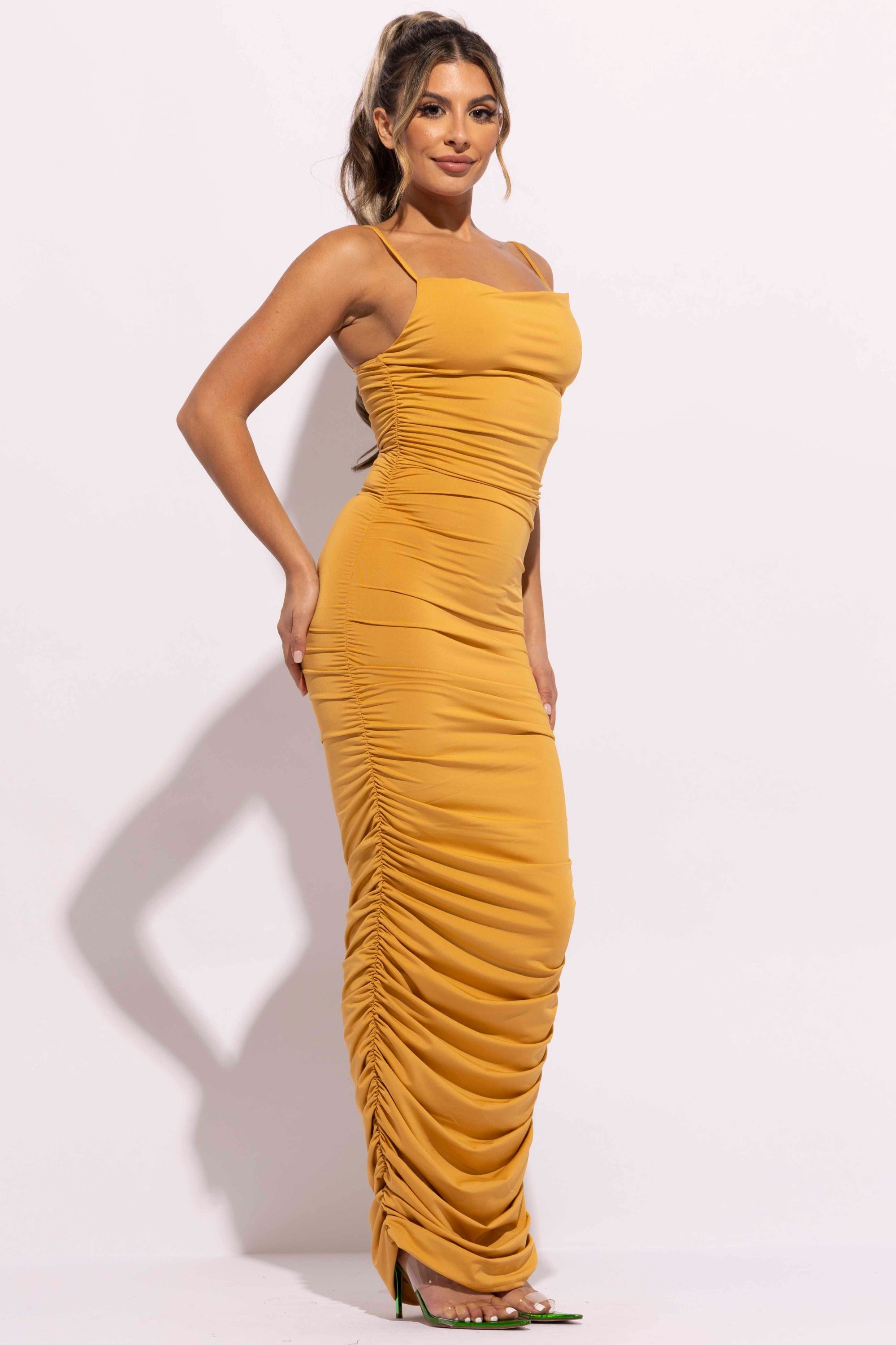 Cowl neck all over ruched maxi dress