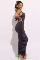 Cowl neck all over ruched maxi dress