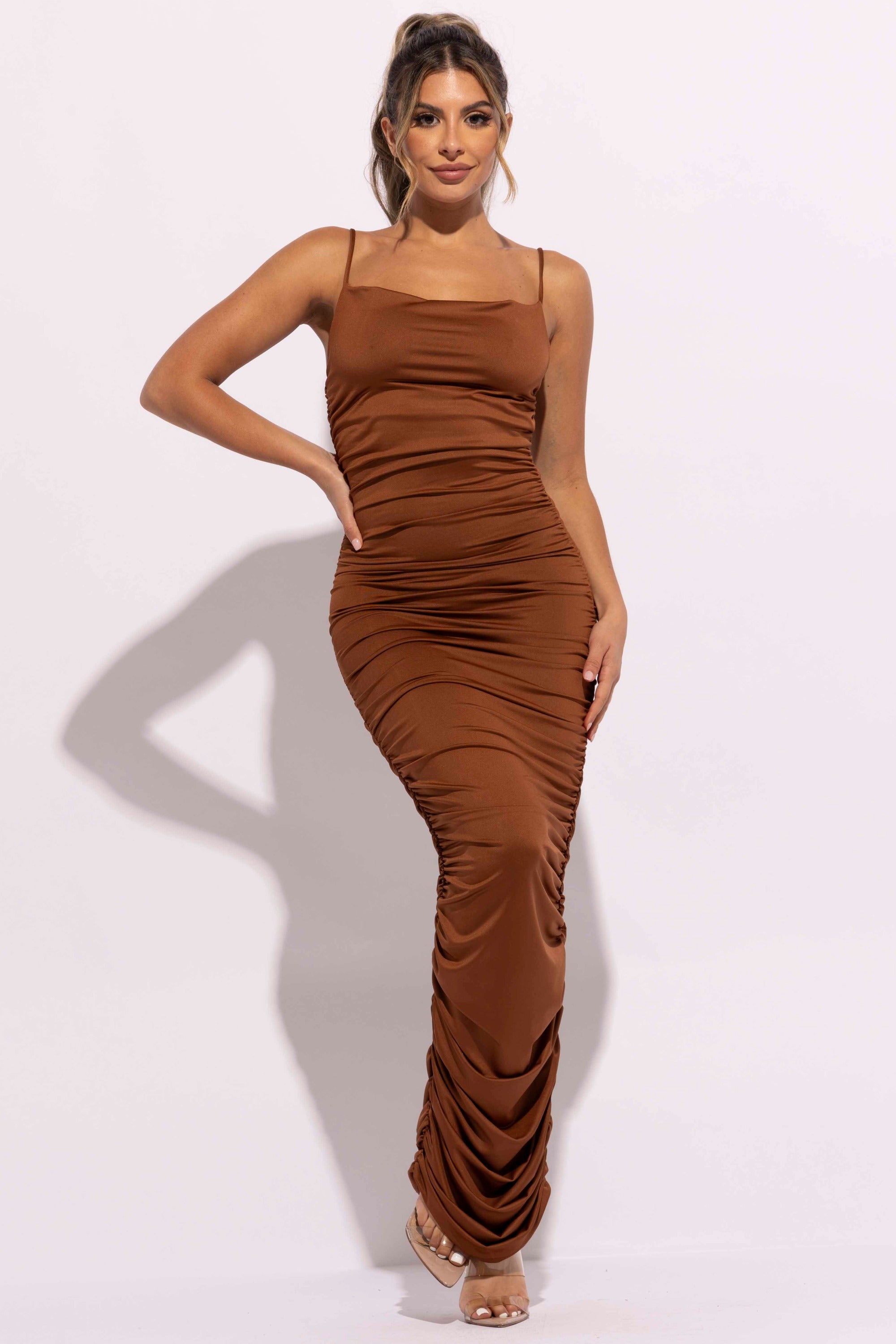 Cowl neck all over ruched maxi dress