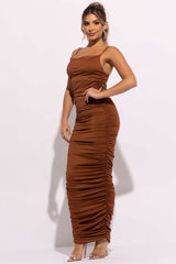 Cowl neck all over ruched maxi dress