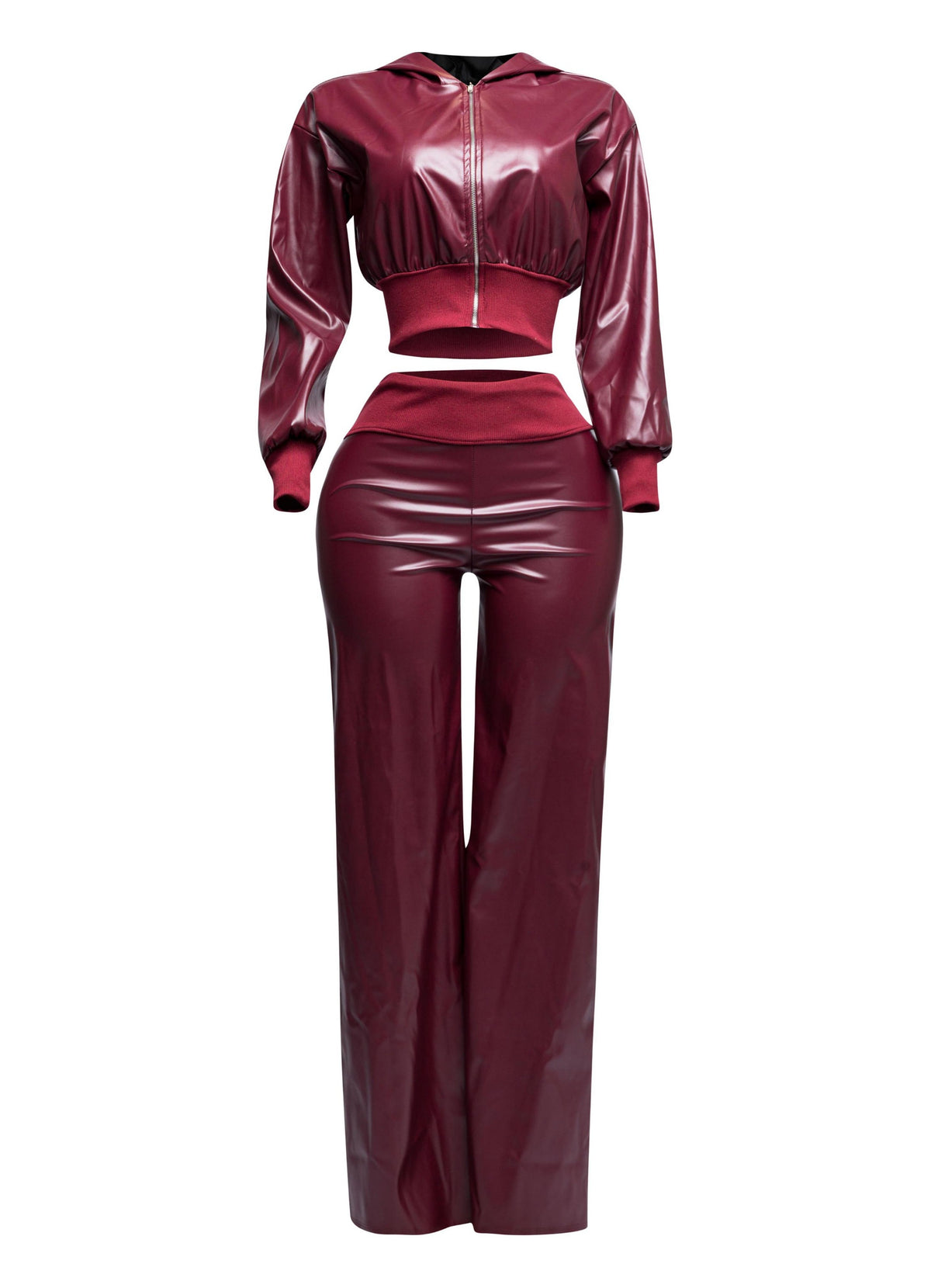 PU hoodie jacket & wide leg pants set