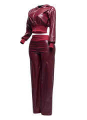 PU hoodie jacket & wide leg pants set