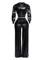 PU hoodie jacket & wide leg pants set