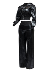 PU hoodie jacket & wide leg pants set