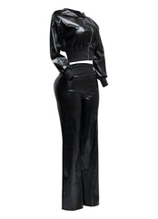 PU hoodie jacket & wide leg pants set