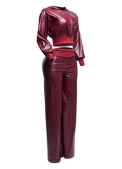 PU hoodie jacket & wide leg pants set