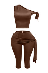 One shoulder tied detailed capri leggings set