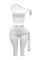 One shoulder tied detailed capri leggings set