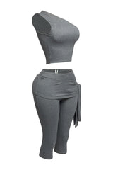 One shoulder tied detailed capri leggings set