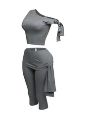 One shoulder tied detailed capri leggings set