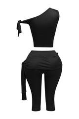 One shoulder tied detailed capri leggings set