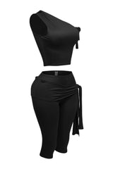 One shoulder tied detailed capri leggings set