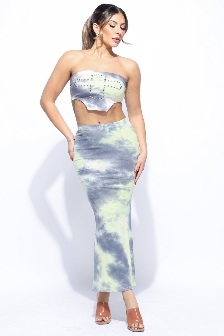 Tie dye tube top and maxi skirt