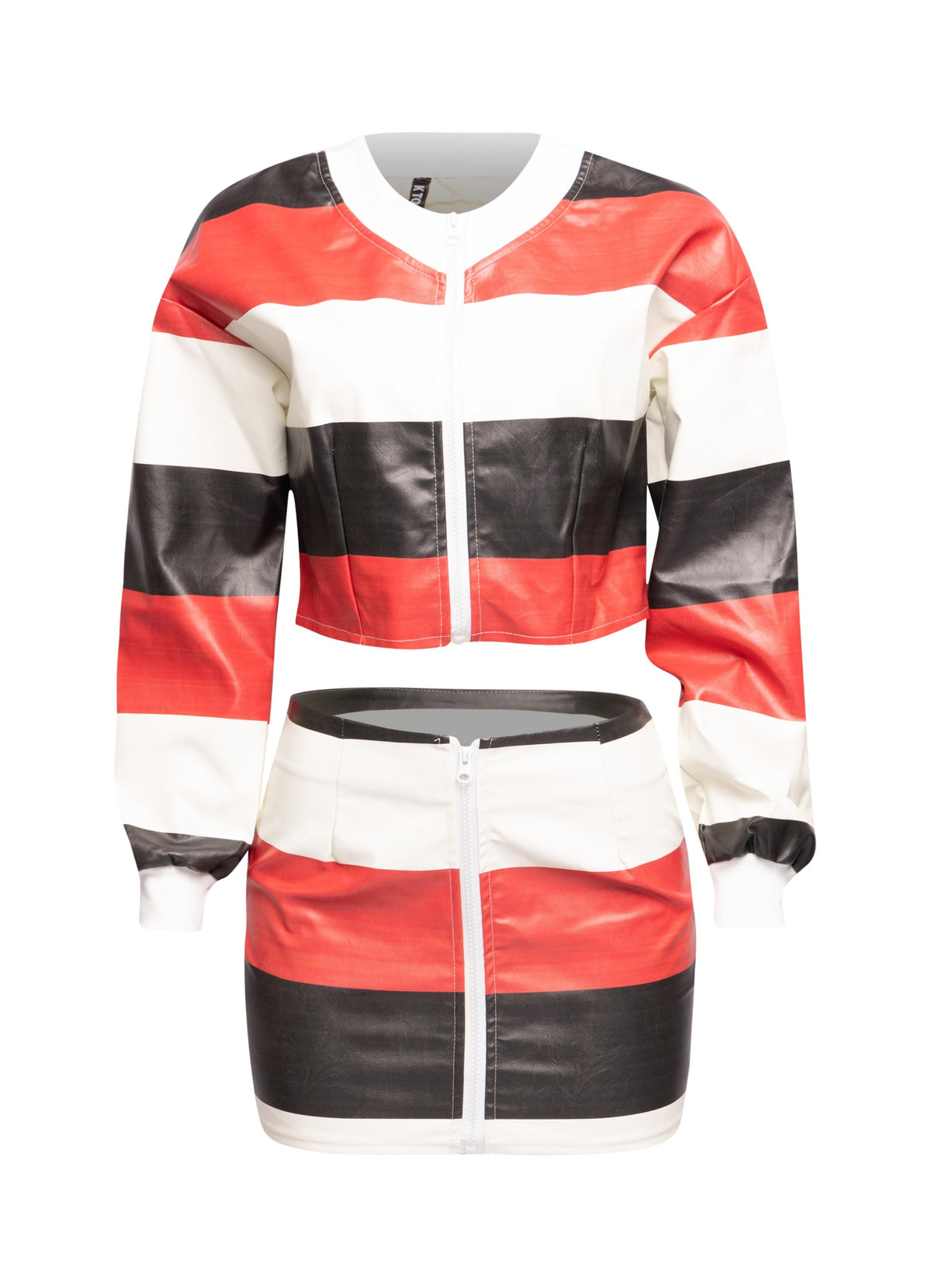 Multi color striped zipper closure jacket & mini skirt set