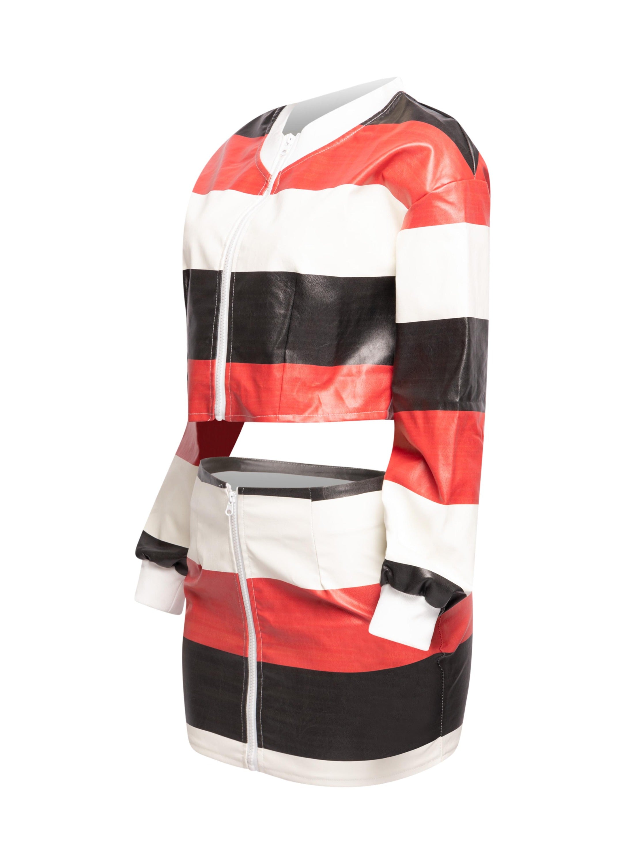 Multi color striped zipper closure jacket & mini skirt set