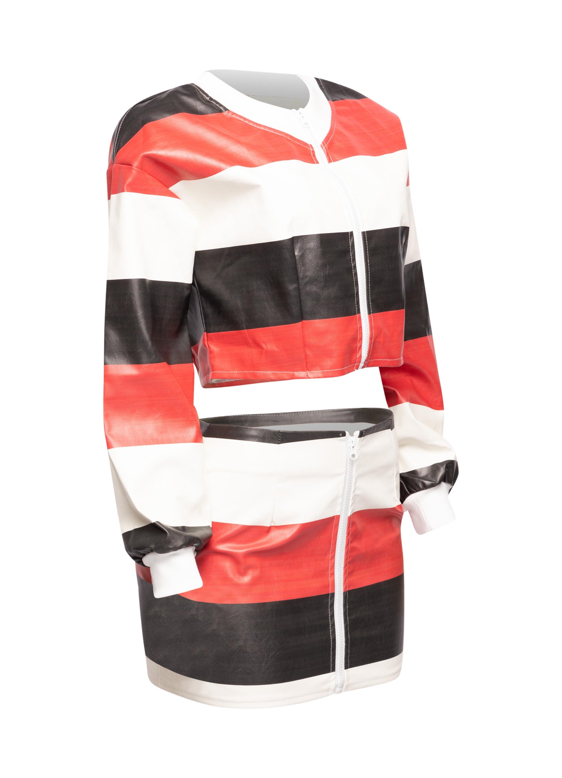 Multi color striped zipper closure jacket & mini skirt set