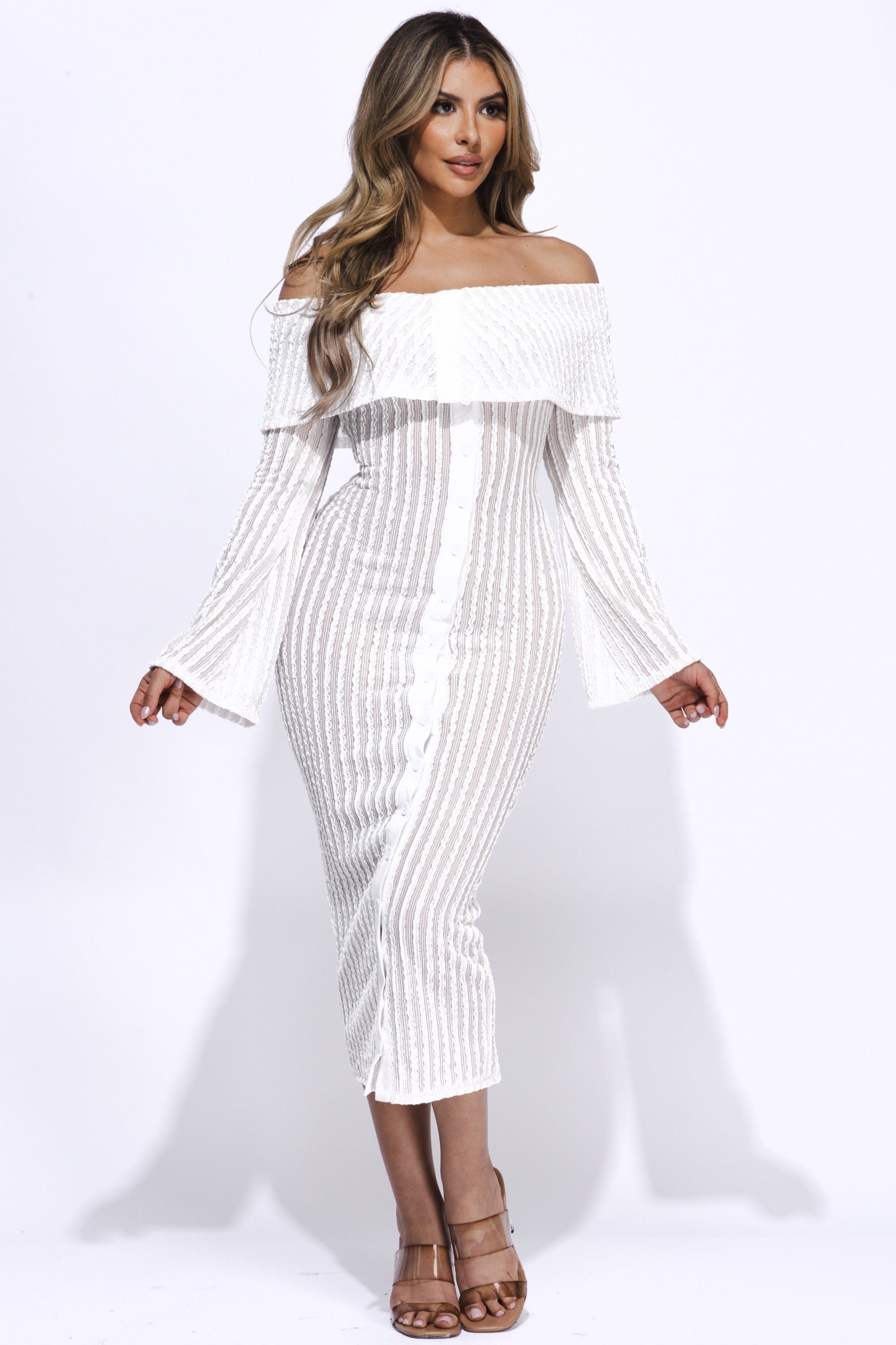 Ruffled fabric off shoulder midi dress with flared sleeve