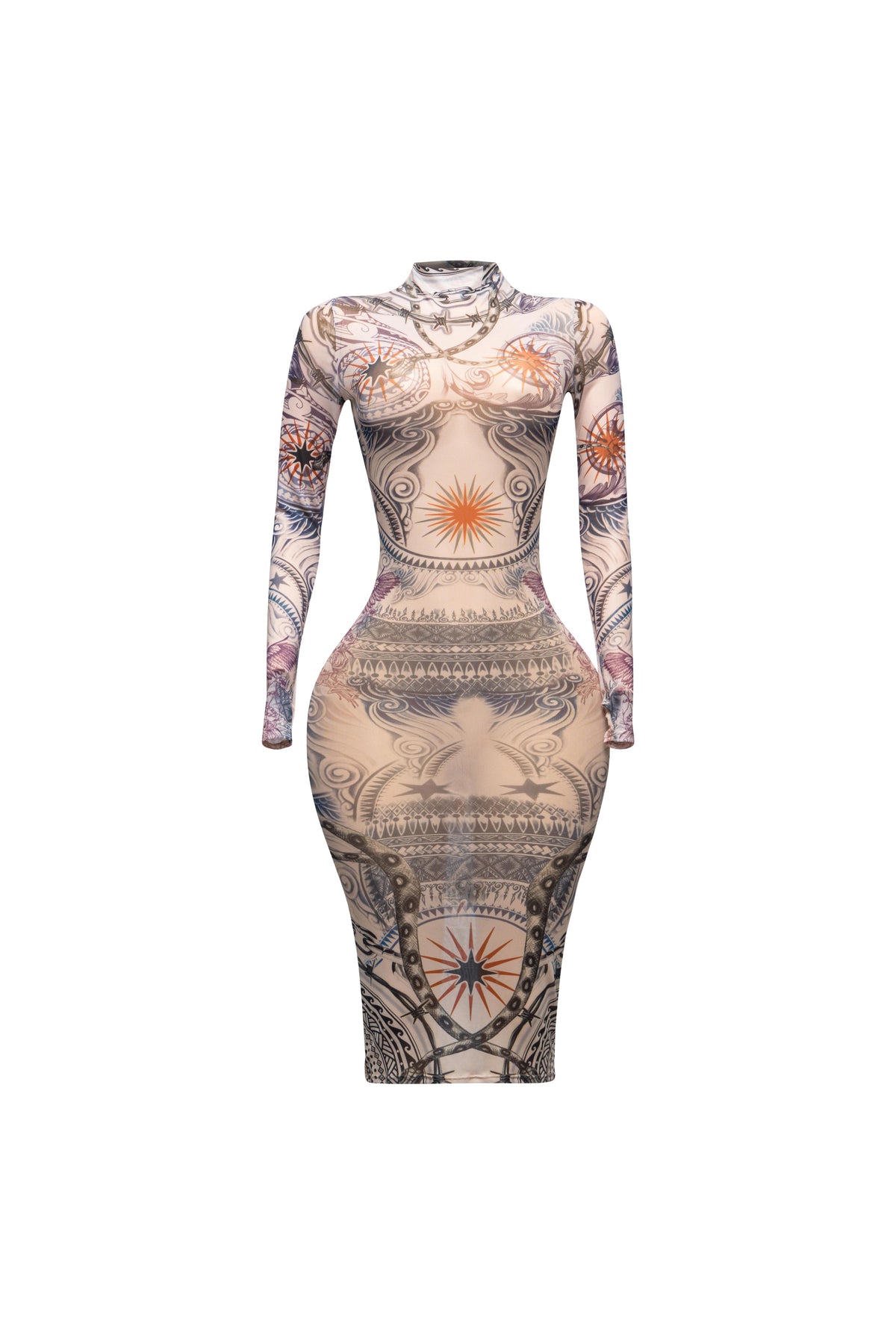 Tattoo body print mesh midi dress