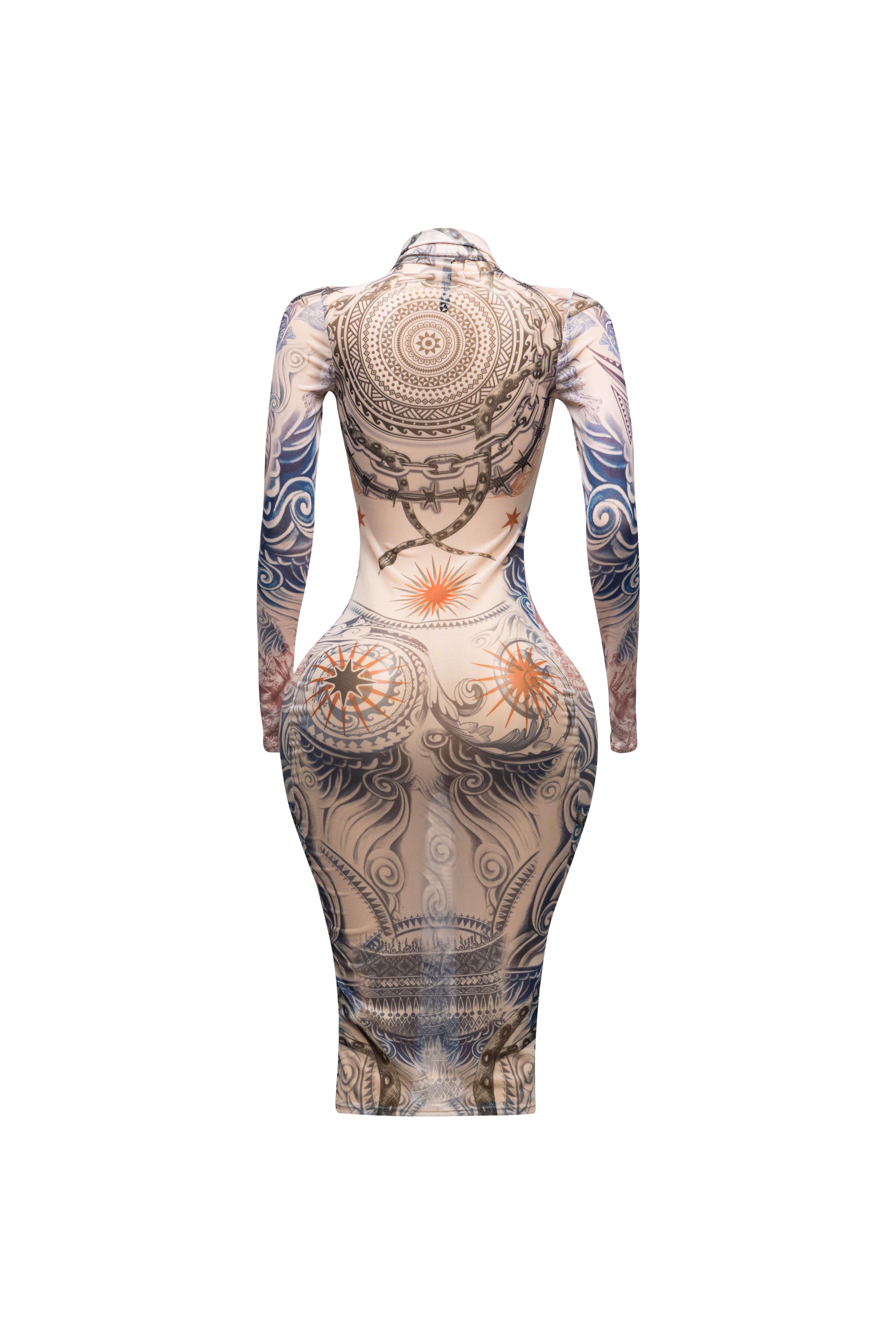 Tattoo body print mesh midi dress