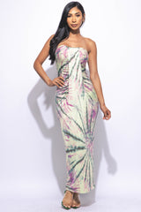 Sunburst tie dye printed draped tube maxi dress