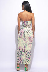 Sunburst tie dye printed draped tube maxi dress