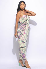 Sunburst tie dye printed draped tube maxi dress