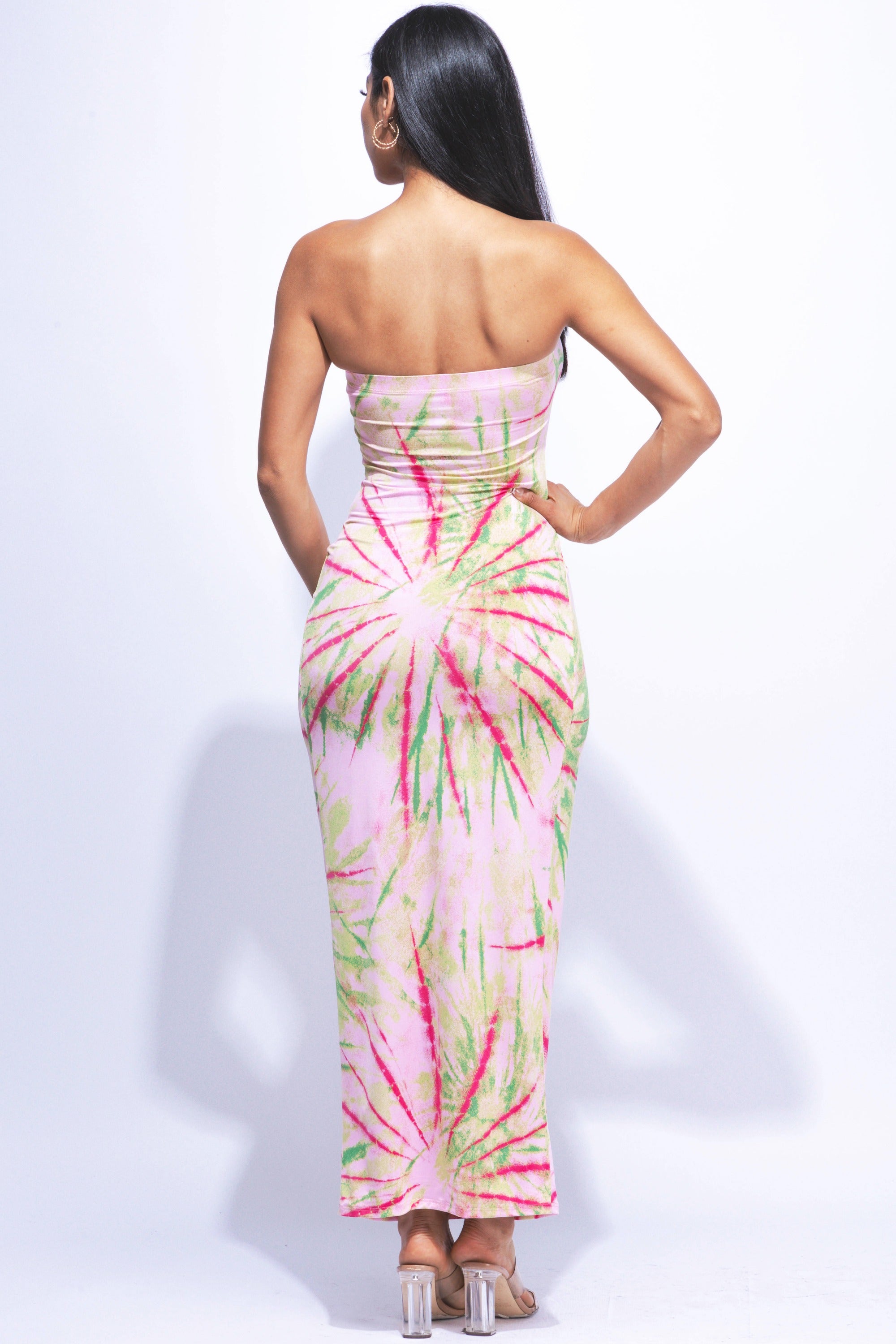 Sunburst tie dye printed draped tube maxi dress