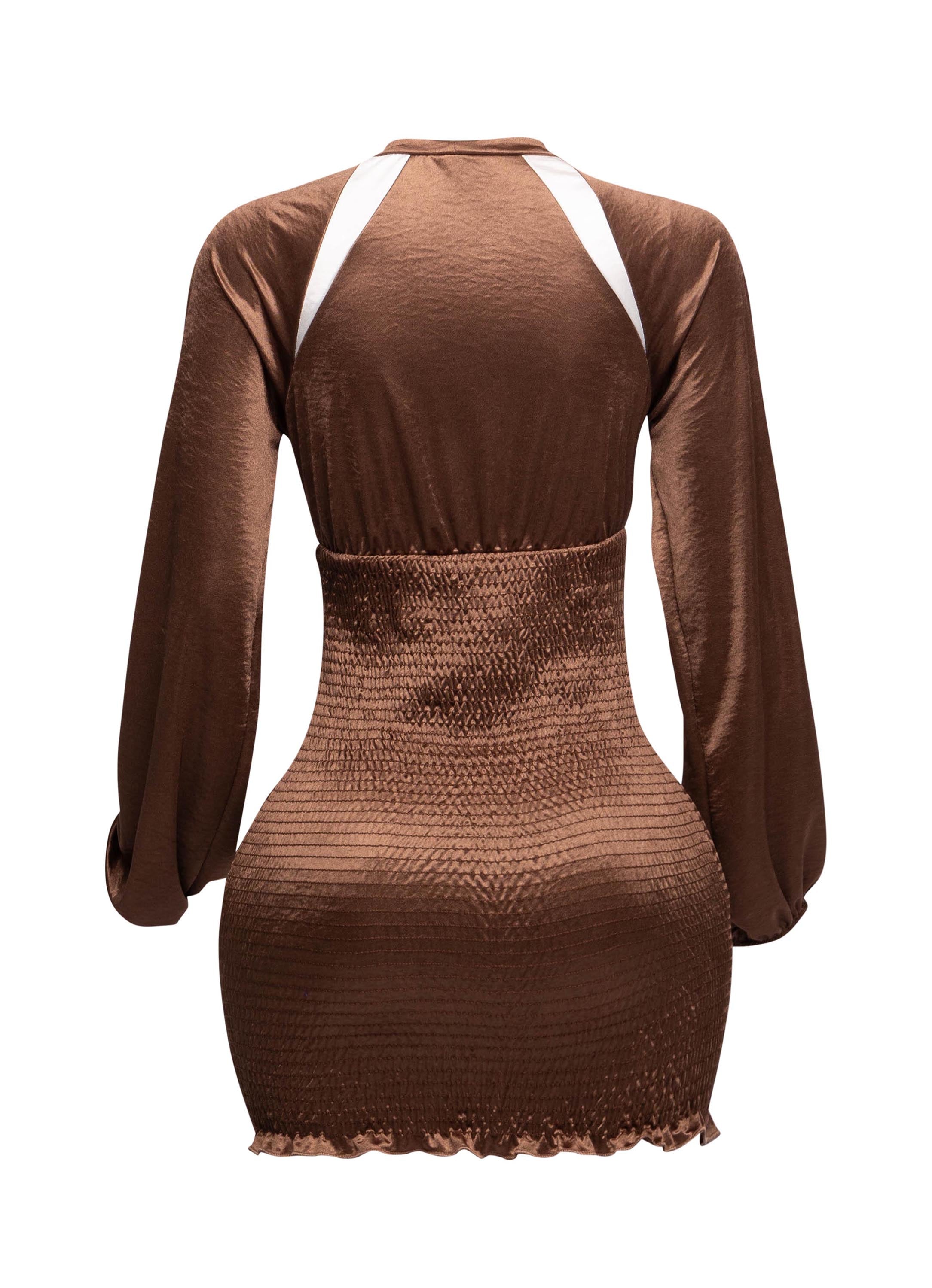 Back view of the Speed Racing Ruched Bodycon Dress in Brown