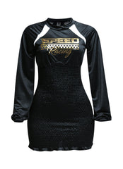 Front view of the Speed Racing Ruched Bodycon Dress in Black