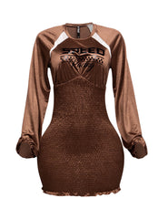 Front view of the Speed Racing Ruched Bodycon Dress in Brown