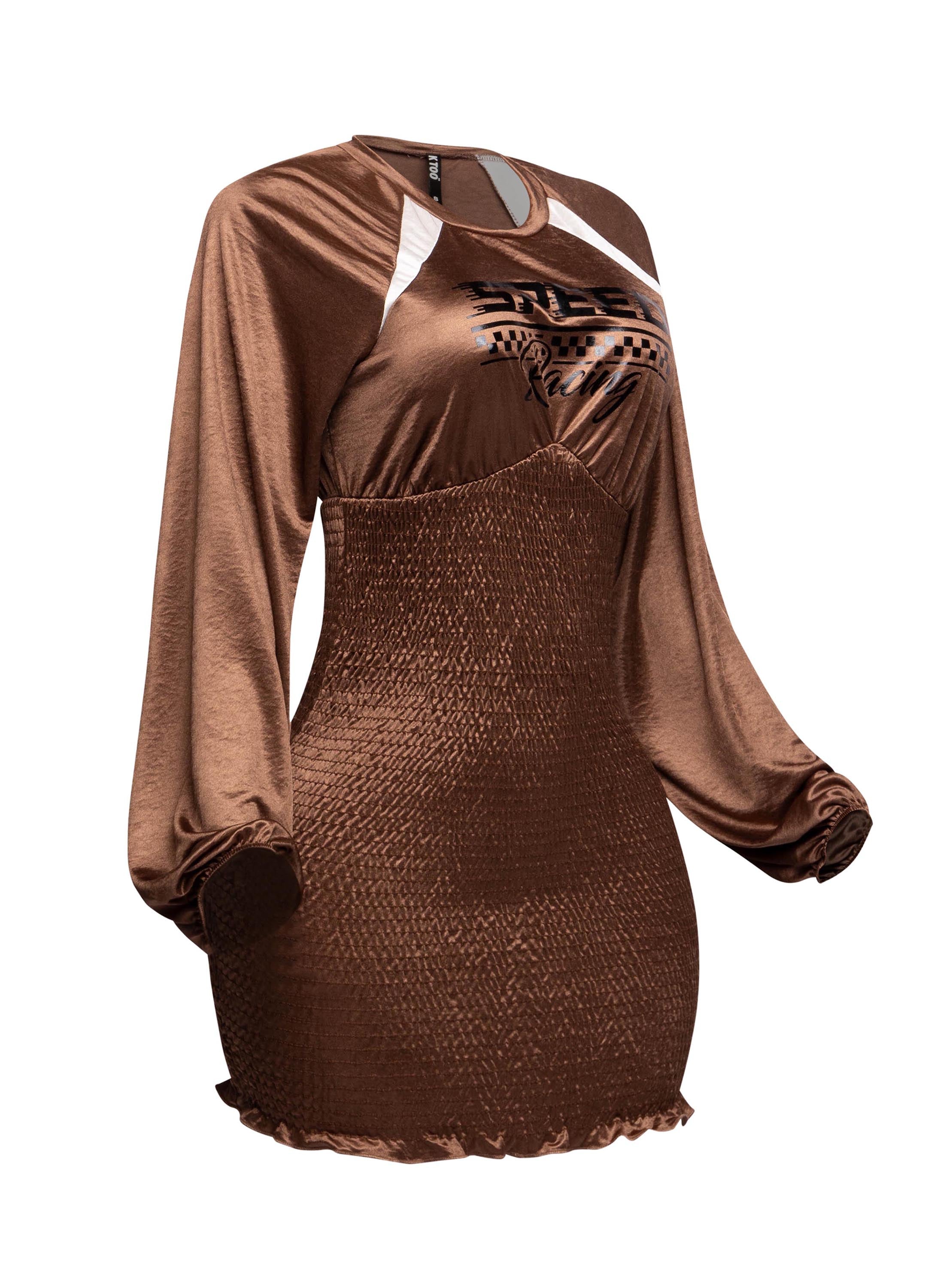 Right side view of the Speed Racing Ruched Bodycon Dress in Brown