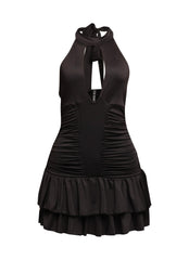 Shirring detailed halter layered ruffle dress