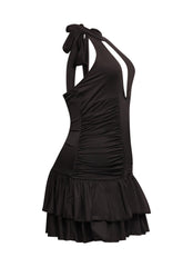 Shirring detailed halter layered ruffle dress