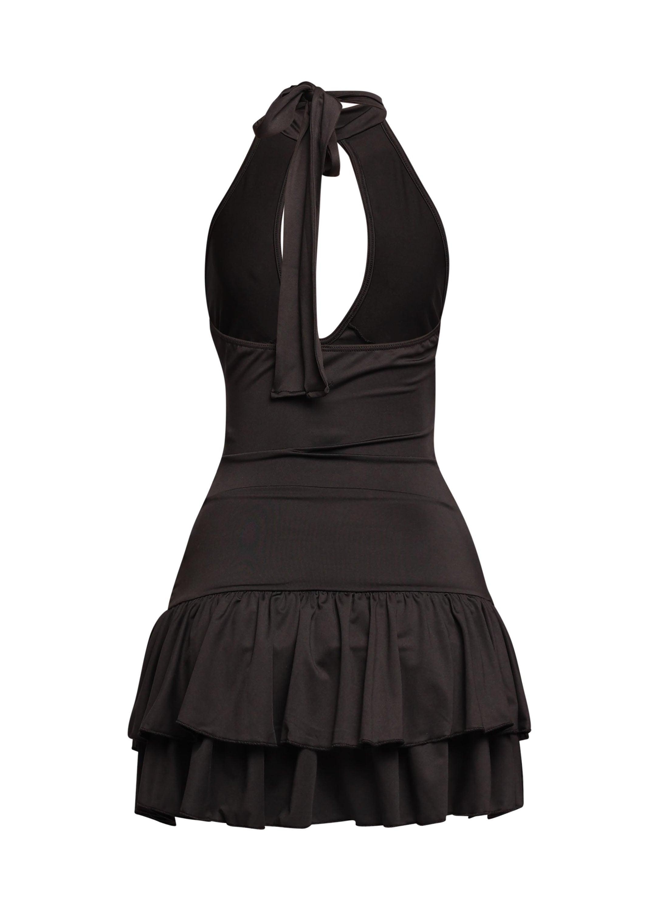 Shirring detailed halter layered ruffle dress