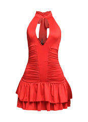 Shirring detailed halter layered ruffle dress