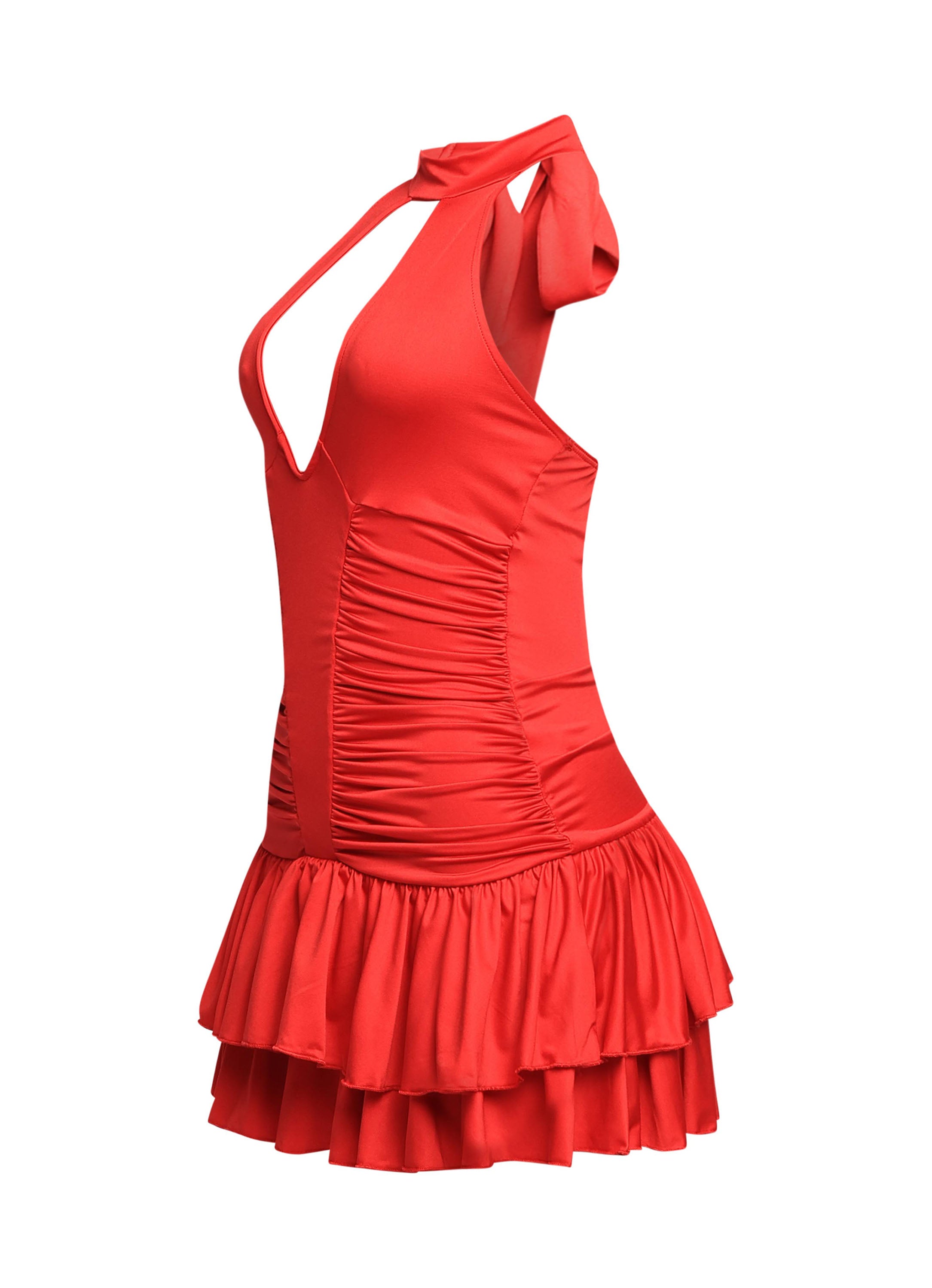 Shirring detailed halter layered ruffle dress