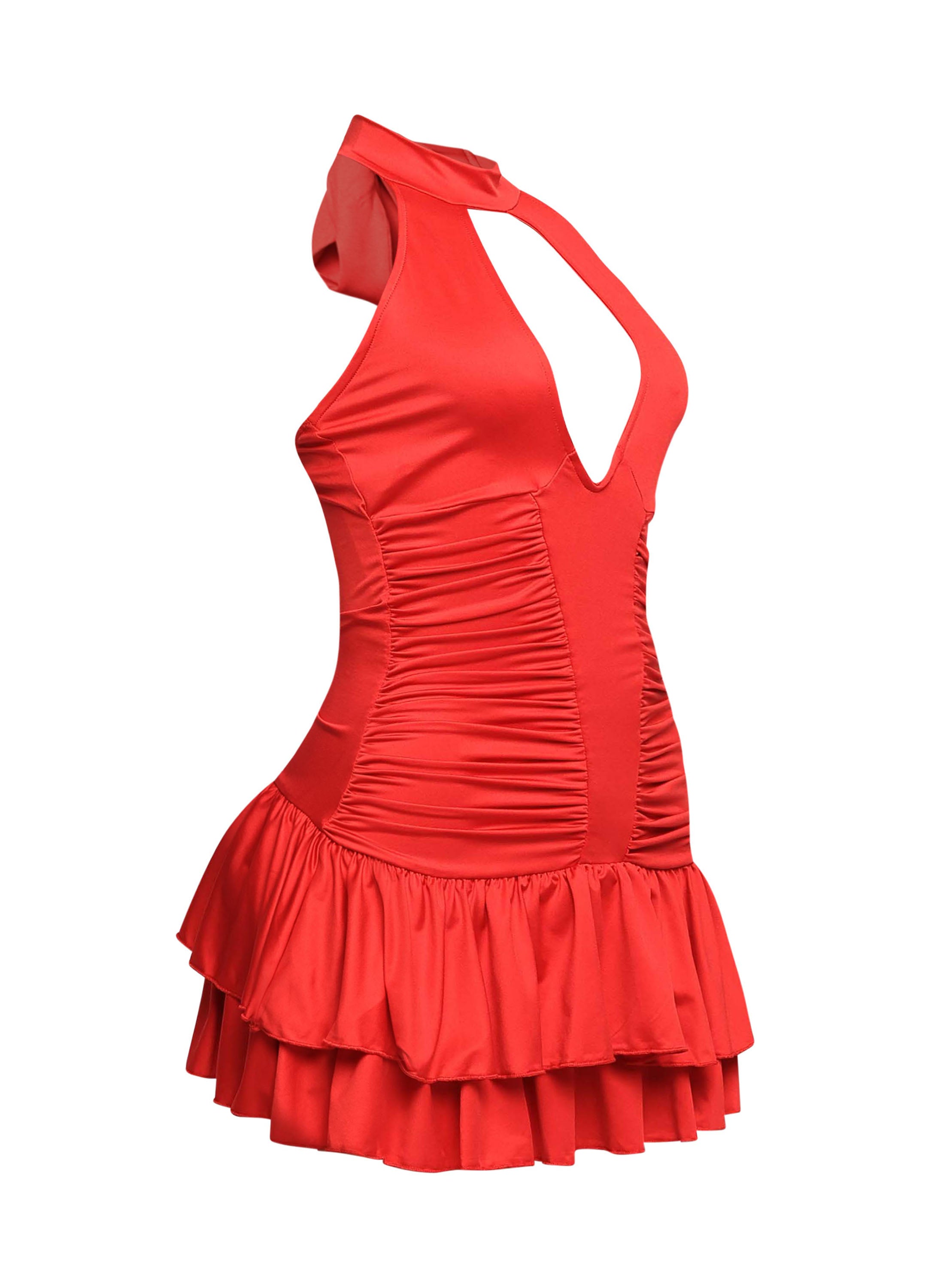 Shirring detailed halter layered ruffle dress