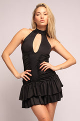 Shirring detailed halter layered ruffle dress