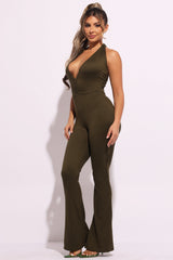 Halter deep V neck flare jumpsuit