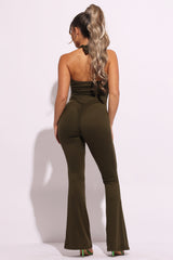 Halter deep V neck flare jumpsuit