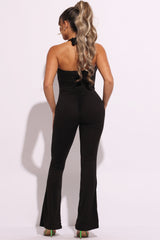 Halter deep V neck flare jumpsuit