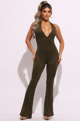 Halter deep V neck flare jumpsuit