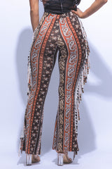 Boho printed flared pant with fringe detail