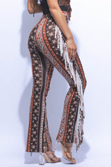 Boho printed flared pant with fringe detail