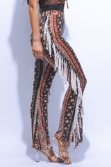 Boho printed flared pant with fringe detail