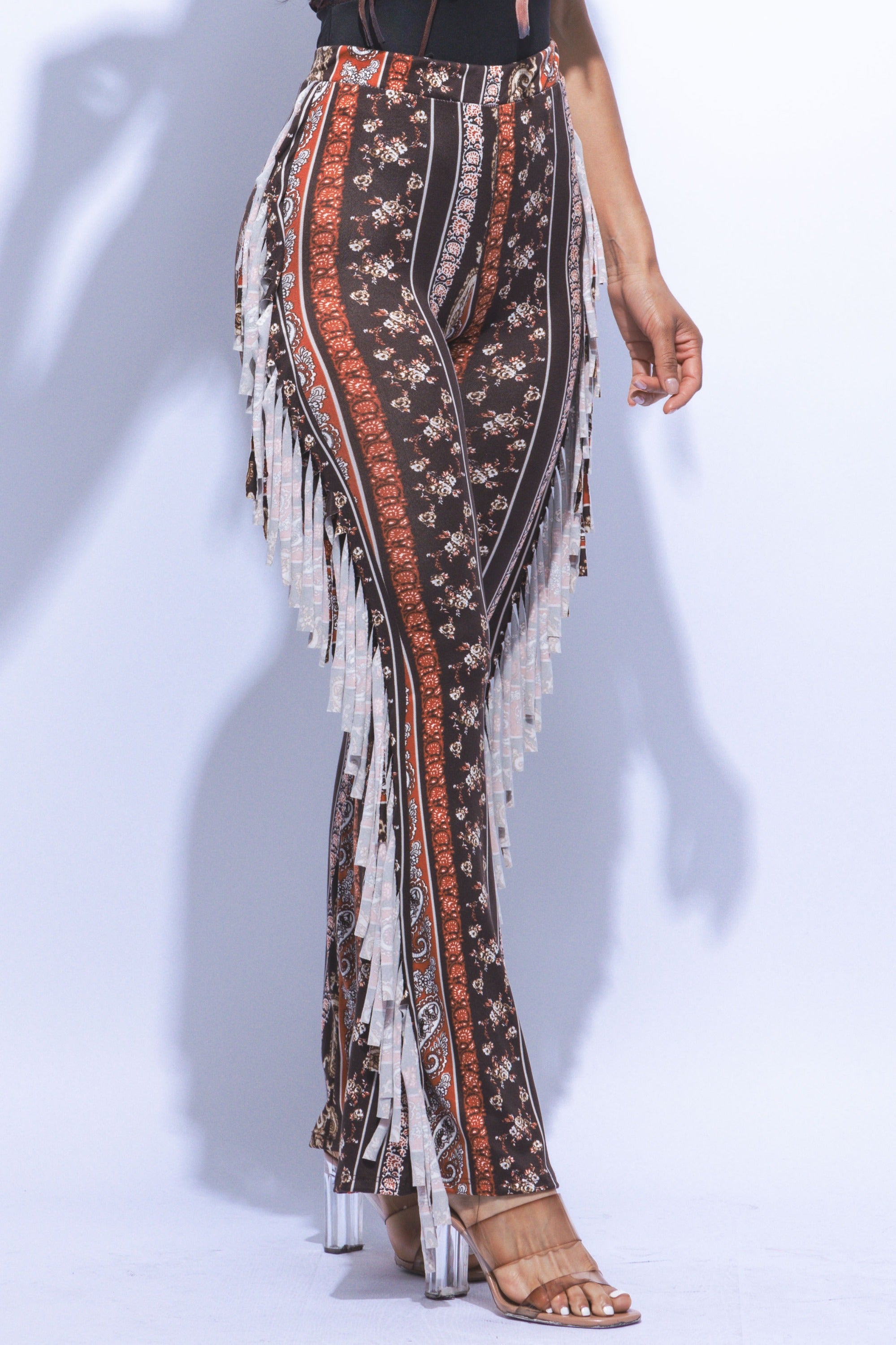 Boho printed flared pant with fringe detail