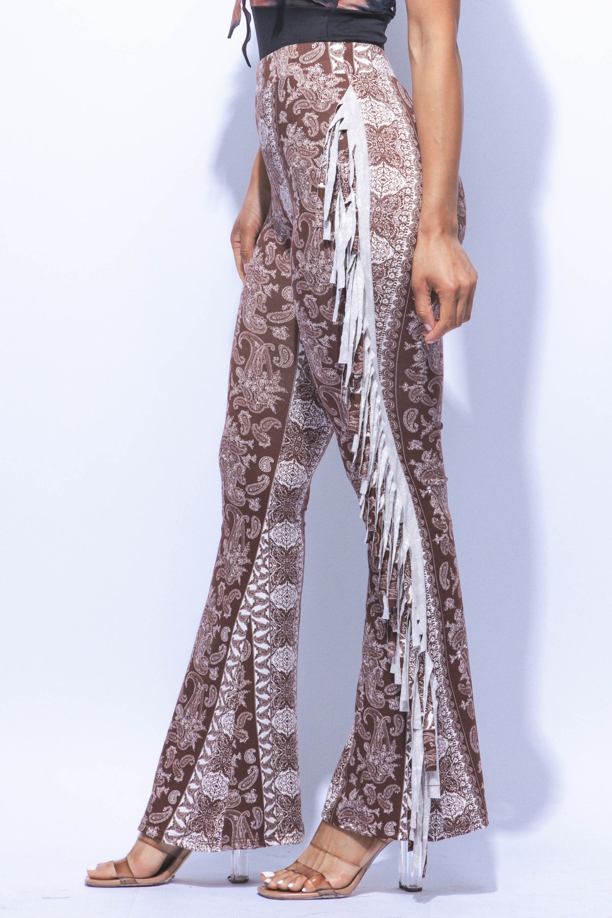 Boho printed flared pant with fringe detail