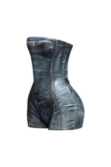 Foiled tube romper with denim bodyprint