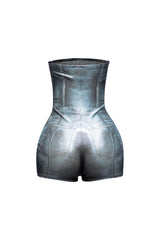 Foiled tube romper with denim bodyprint