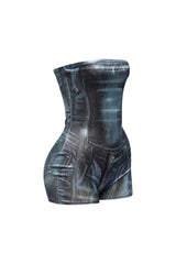 Foiled tube romper with denim bodyprint